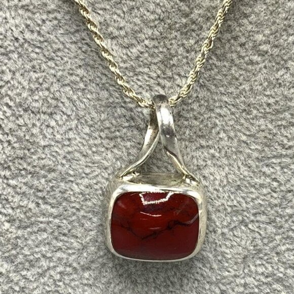 Vintage Mexican Red Jasper & Sterling Silver Pendant w/fine Italian Silver Chain - Picture 2 of 14